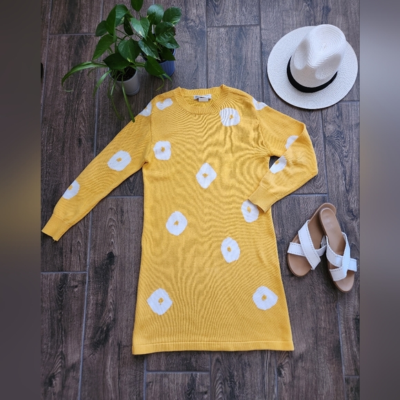 Vintage 90's Outlander knit sweater dress in golden yellow and white spots - Picture 9 of 9